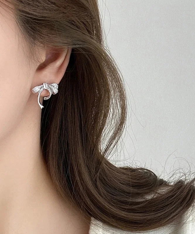 Fine Silk Sterling Silver Zircon Bow Stud Earrings