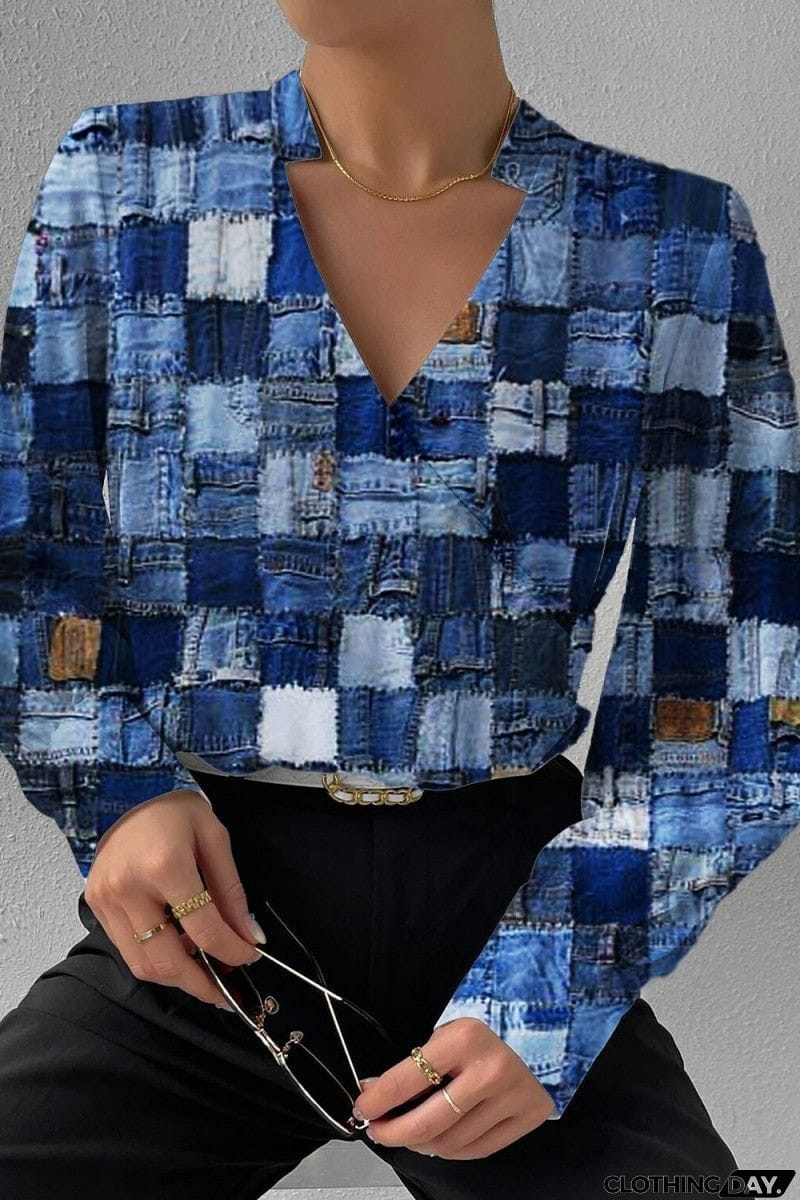 Casual Print Patchwork V Neck Tops