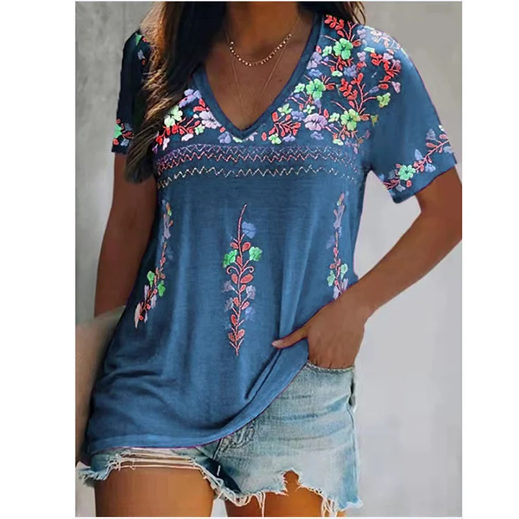 Women's Tribal T-Shirts V-Neck Western Floral Vintage Print Short Sleeve Tee