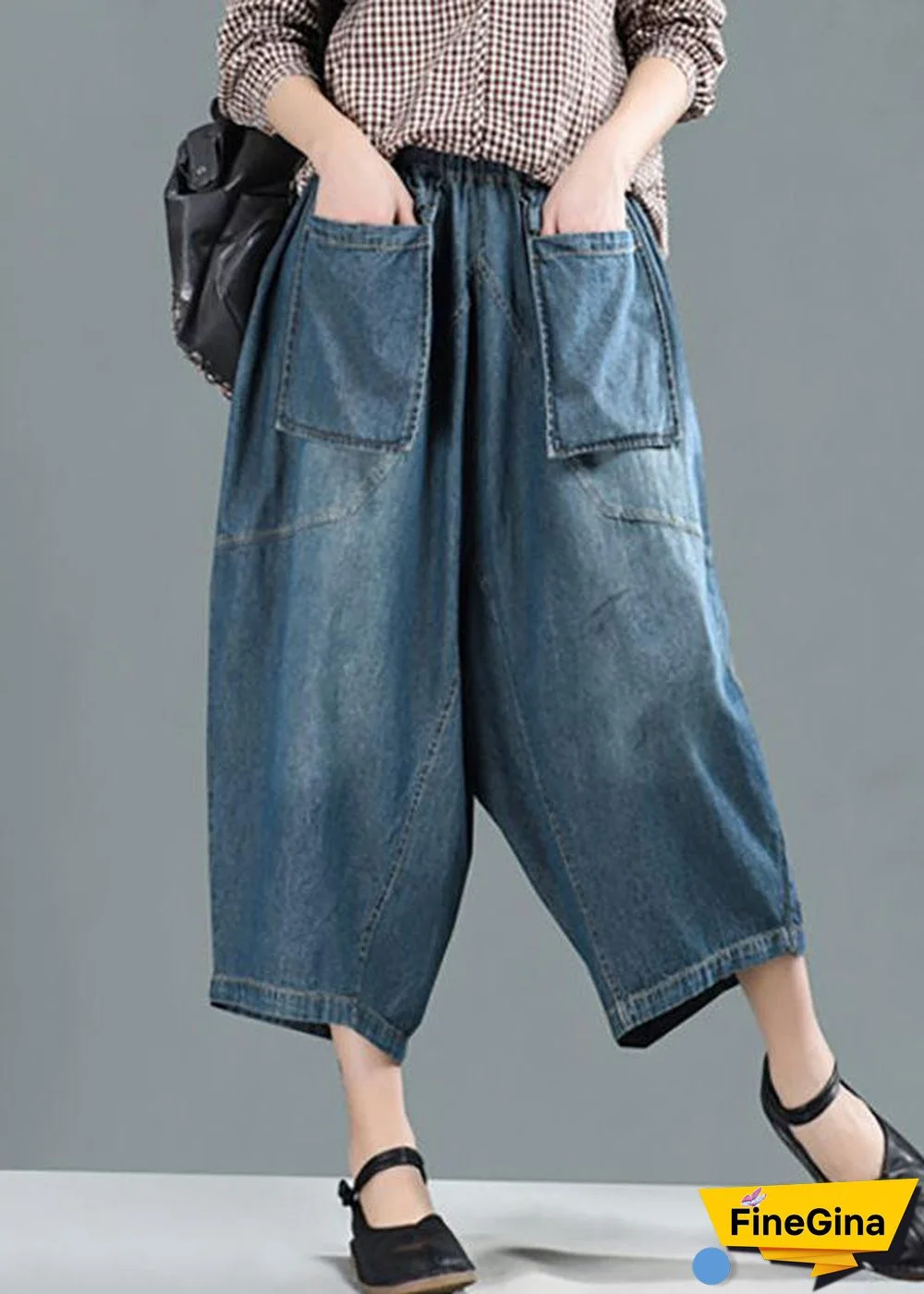 Women Spring Casual Big Pockets Solid Loose Jeans