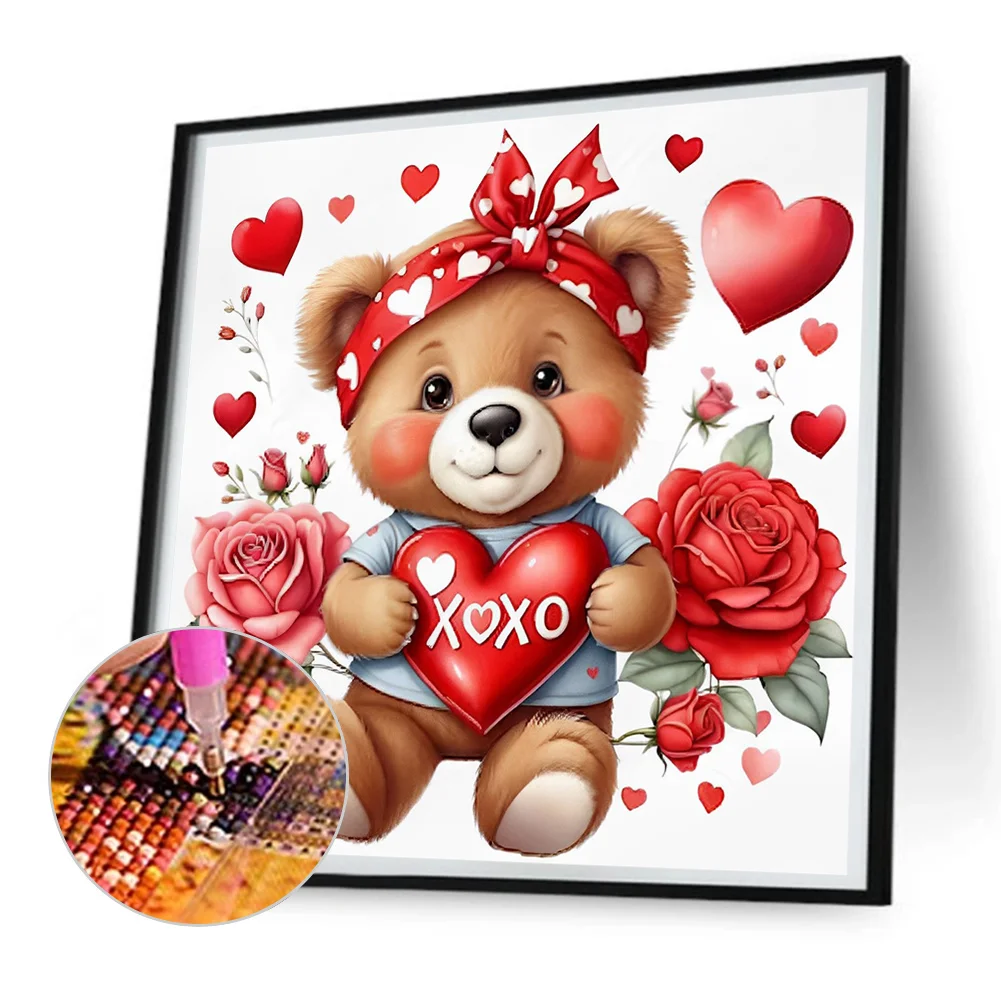 Diamond Painting - Full Round Drill - Love Rose Bear(Canvas|30*30cm)