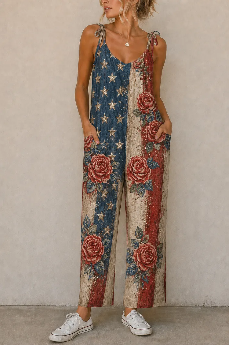 Women&rsquo;s Vintage Rose Flag Print Suspender Jumpsuit