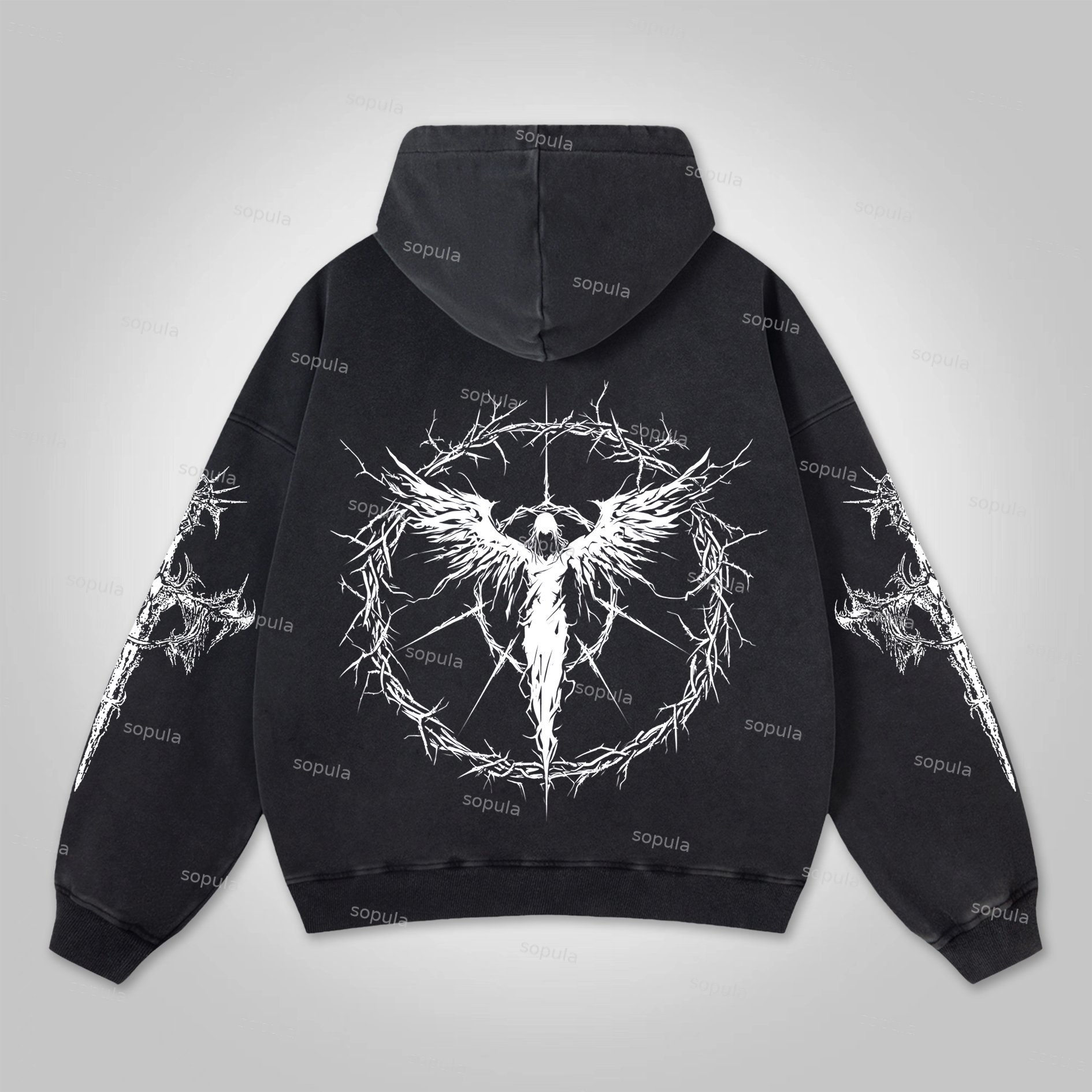 Sopula Vintage Angels Descend Cross Graphic Washed Distressed Pocket Hoodie