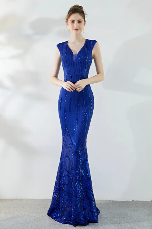 Elegant Cap-Sleeve Sequins Evening Gowns Mermaid Long Prom Dress Online - lulusllly