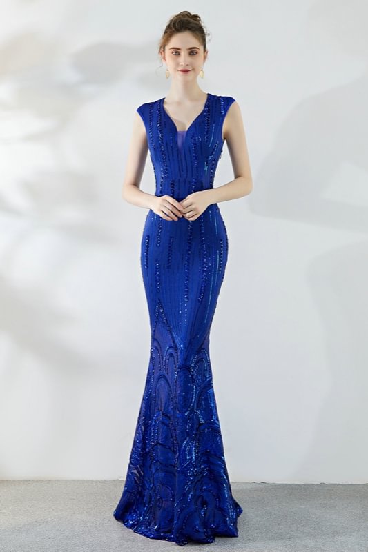 royal blue cap sleeve mermaid sequins prom dress