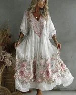 Women's Retro Floral Art Flowy Linen Blend Casual Long Sleeve Maxi Dress - Image 3