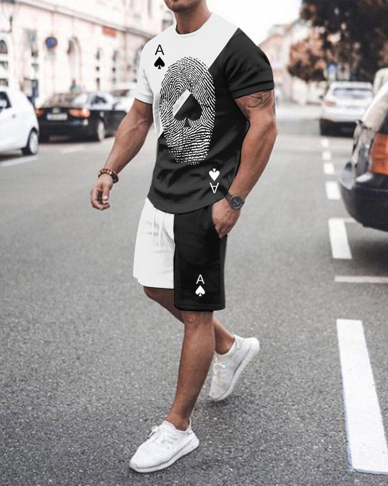 Men's Black-white Poker Split-joint Floral Shorts Suit