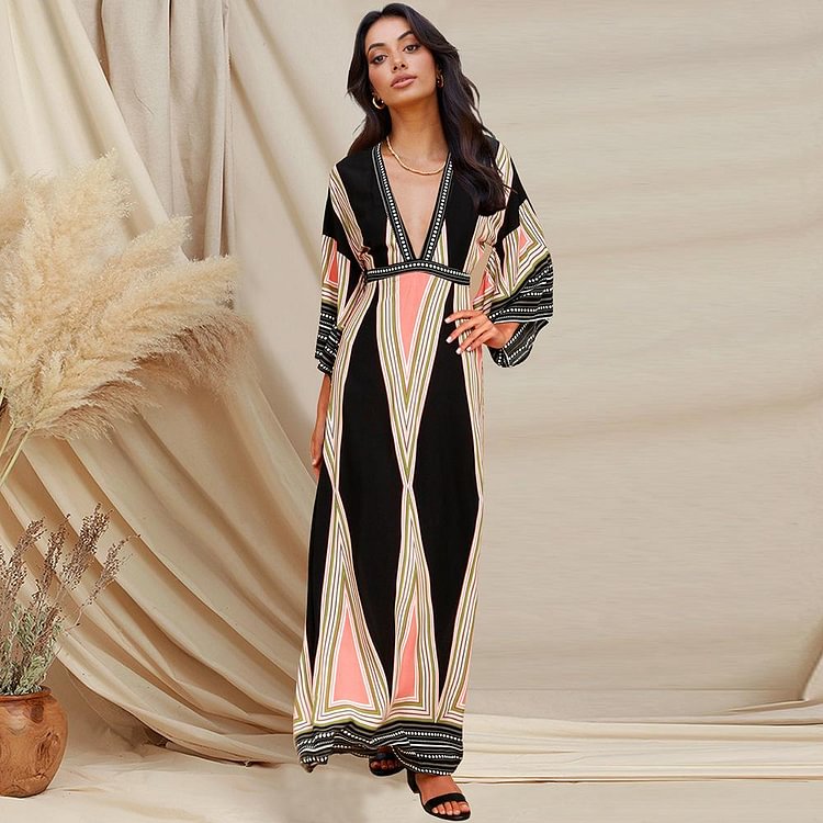Promsstyle Bohemian low cut printed tie up waist maxi dress Prom Dress 2023