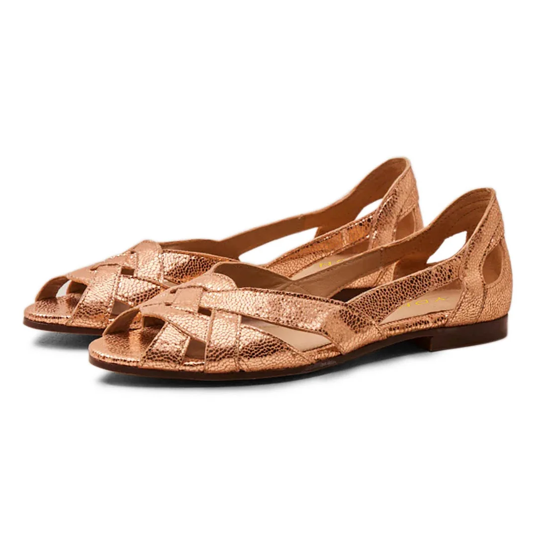 YDN Gold Crackle Finish Peep Toe Woven Flat Sandals for Women