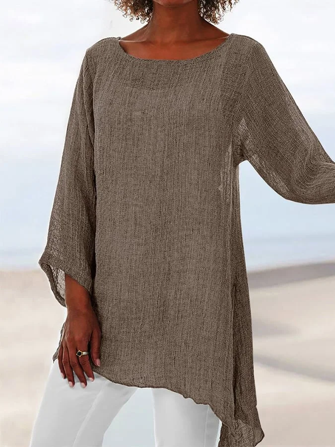 Women's Cotton Linen Fashion Simple Solid Color Irregular Hem Round Neck Long Sleeve Top