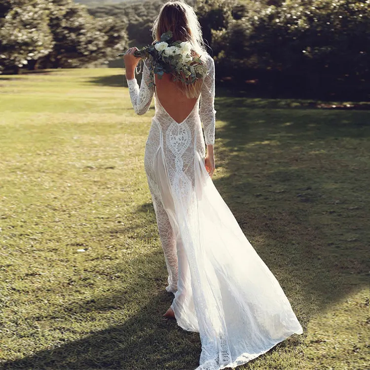Fall Women Clothing Dress Long Sleeve Lace Sexy Backless Mopping Wedding Dress Formal Dress 