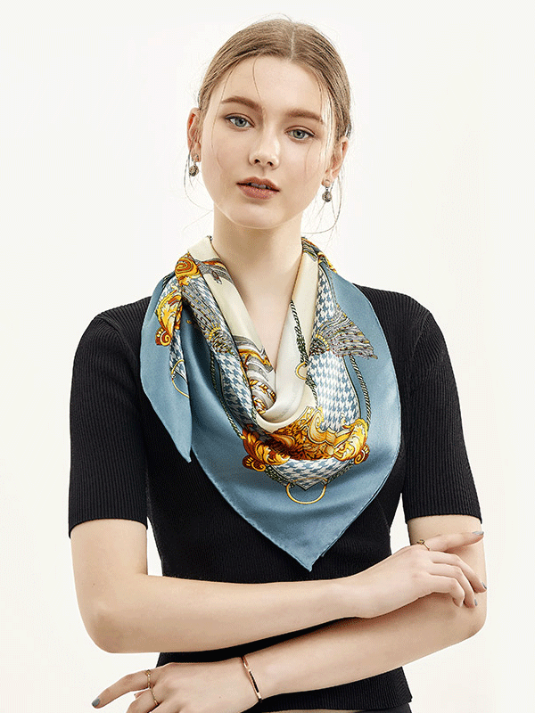 Light Blue Printed Silk Scarf 1021180640 90*90-REAL SILK LIFE