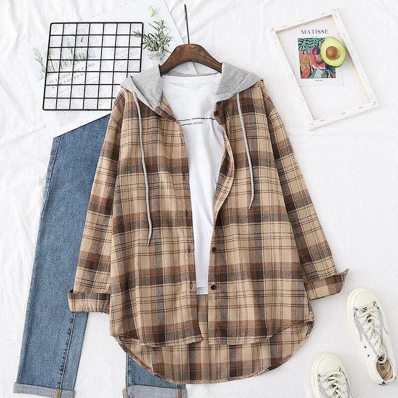 Hoodies Plaid Shirts Womens Blouses And Tops Long Sleeve Loose Lazy Style Spring Autumn Lady Tops Outwear