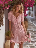 Bohème Pink Floral Embroidery Sequin Holiday V-neck Flirty Dress