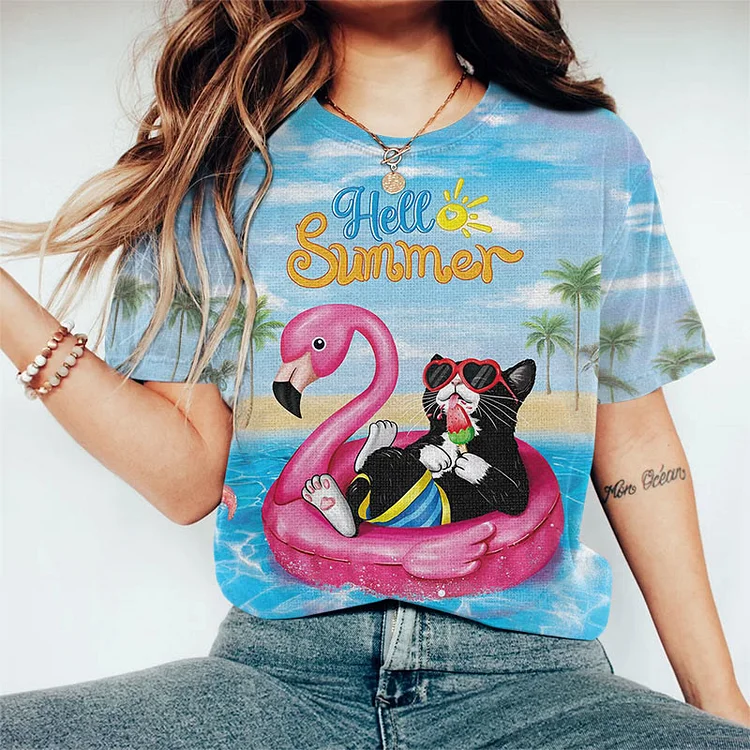Summer Funny Vacation Cat Print Short Sleeve T-shirt