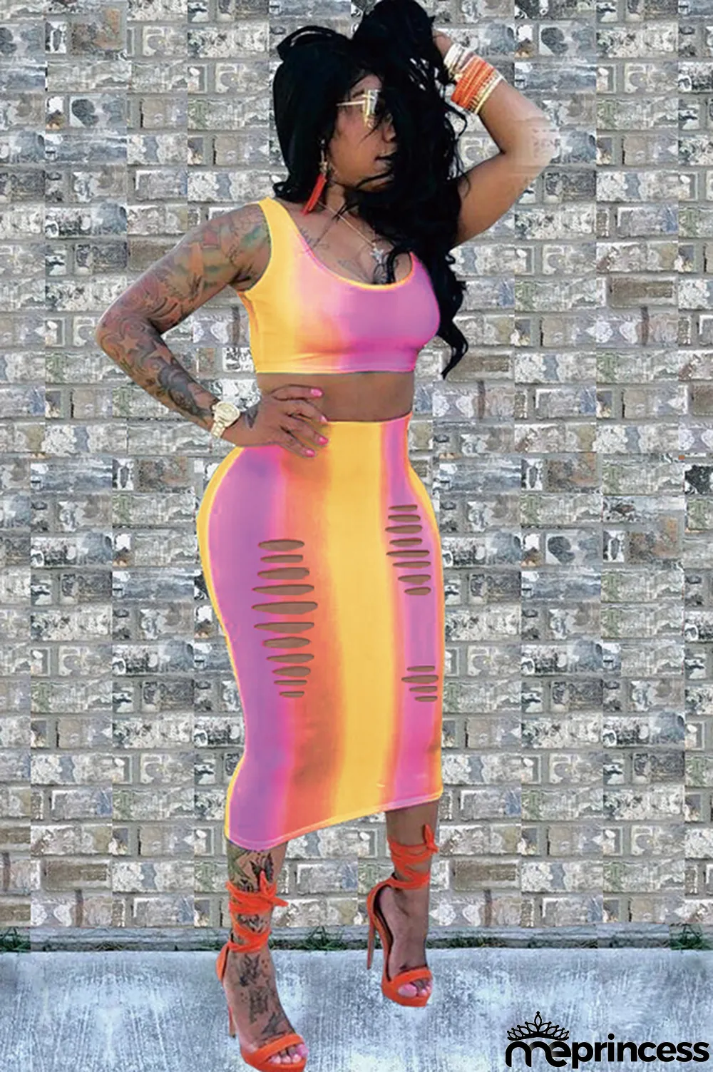 Ombre Sexy Fashion Tank Sleeveless O neck Step Skirt Mid-Calf hollow out Print Fluorescent hole backless