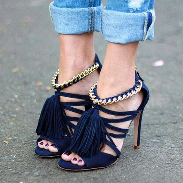 Navy Blue Strappy Sandals Metal Chain Ankle Strap Chunky Heel Shoes |FSJ Shoes