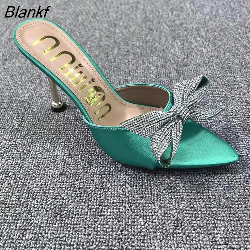 Blankf Butterfly-knot Women Slippers Pointed Toe Rhinestones Design Slip on Summer Mules Slides Woman Shoes High Heels Sexy