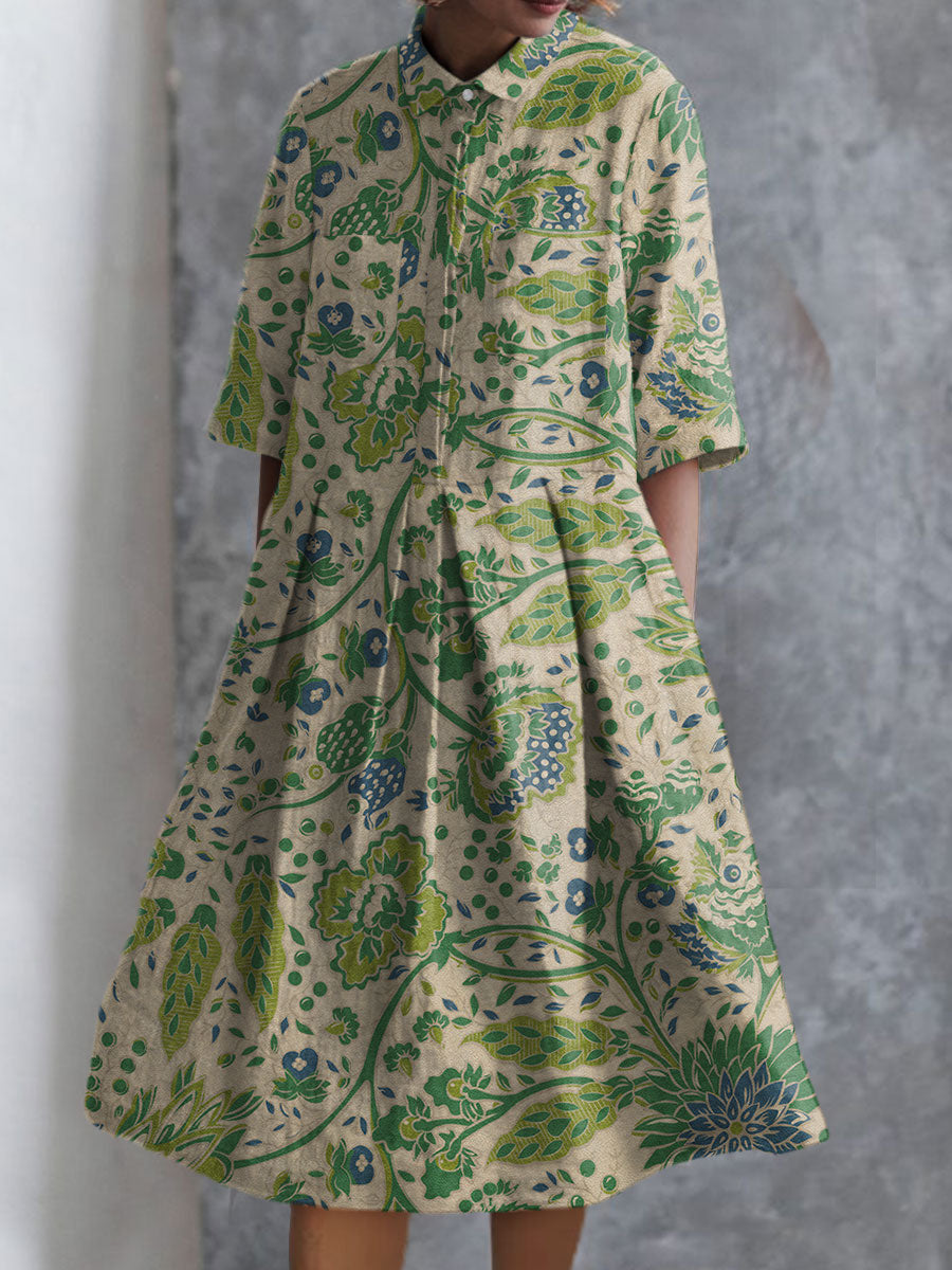 Women's  Pastoral  Flowers Art  Print Pocket Cotton Dress