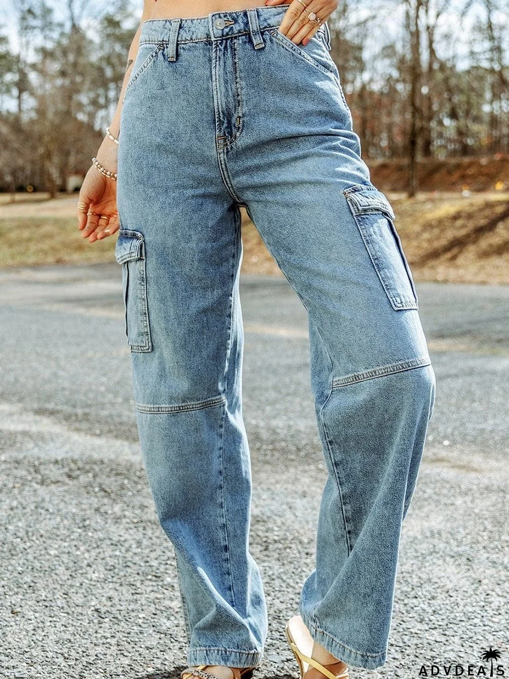 Sky Blue Cargo Style Wide Leg Jeans with Flap Pockets