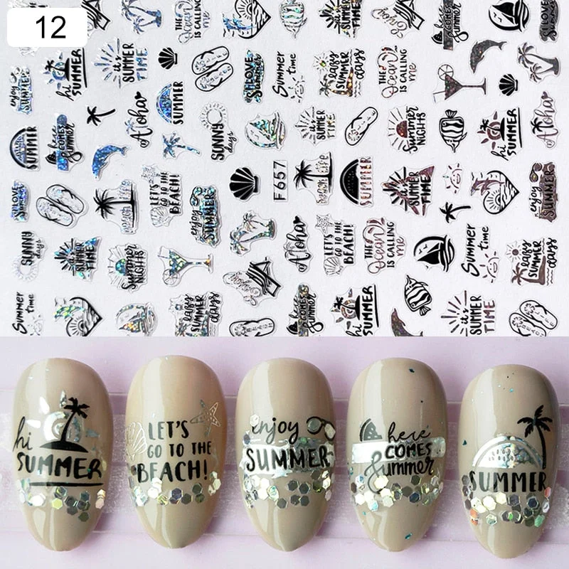 1 Sheet iridescent Nail Sticker Black leave 3D Transfer Beautiful Nail Decals Decoration Summer Popupar DIY Nail Design