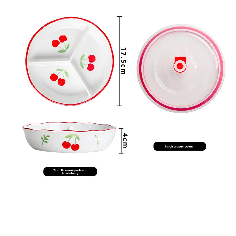 Ceramic Compartment Deep Bowl With Lid Sealed Partition Bowl Heat-resistant Microwave Oven Special Three-compartment Bowl Plate Snack Lunch Box