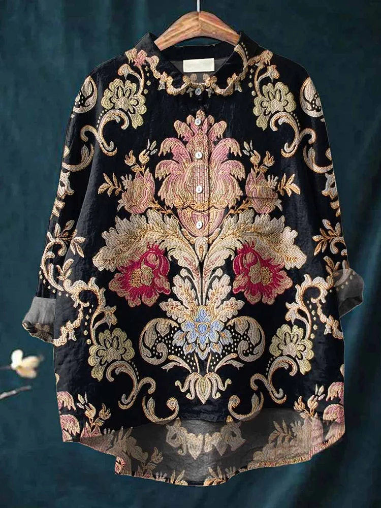 Womens  Artistic Retro Floral Casual Cotton And Linen Shirt