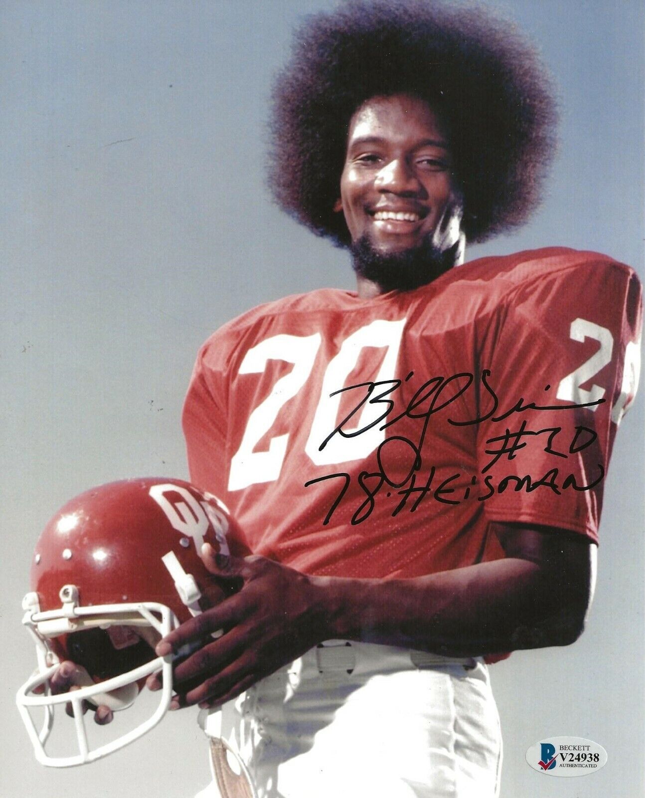 Billy Sims signed Oklahoma Sooners 8x10 Photo Poster painting Heisman Inscription BAS Beckett