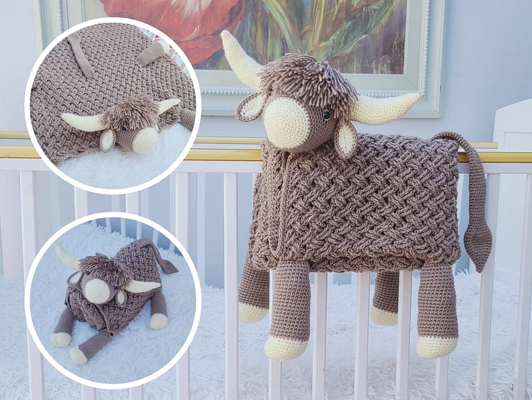 3in1 Highland Cow Folding Baby Blanket Crochet PDF Pattern