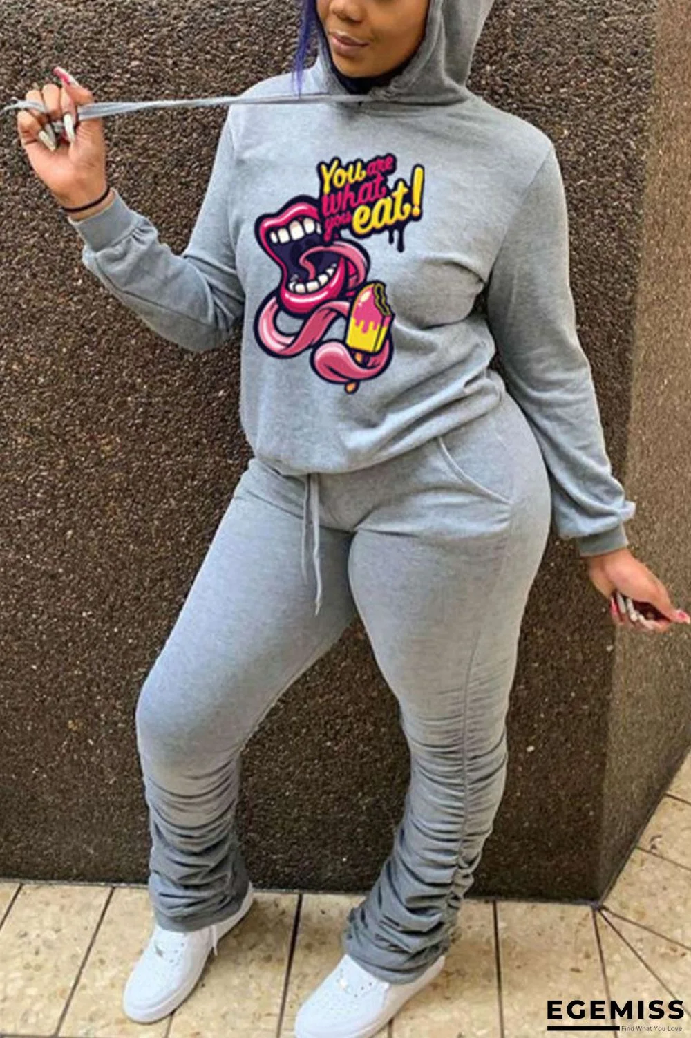 Grey Daily Print Hooded Collar Long Sleeve Two Pieces | EGEMISS