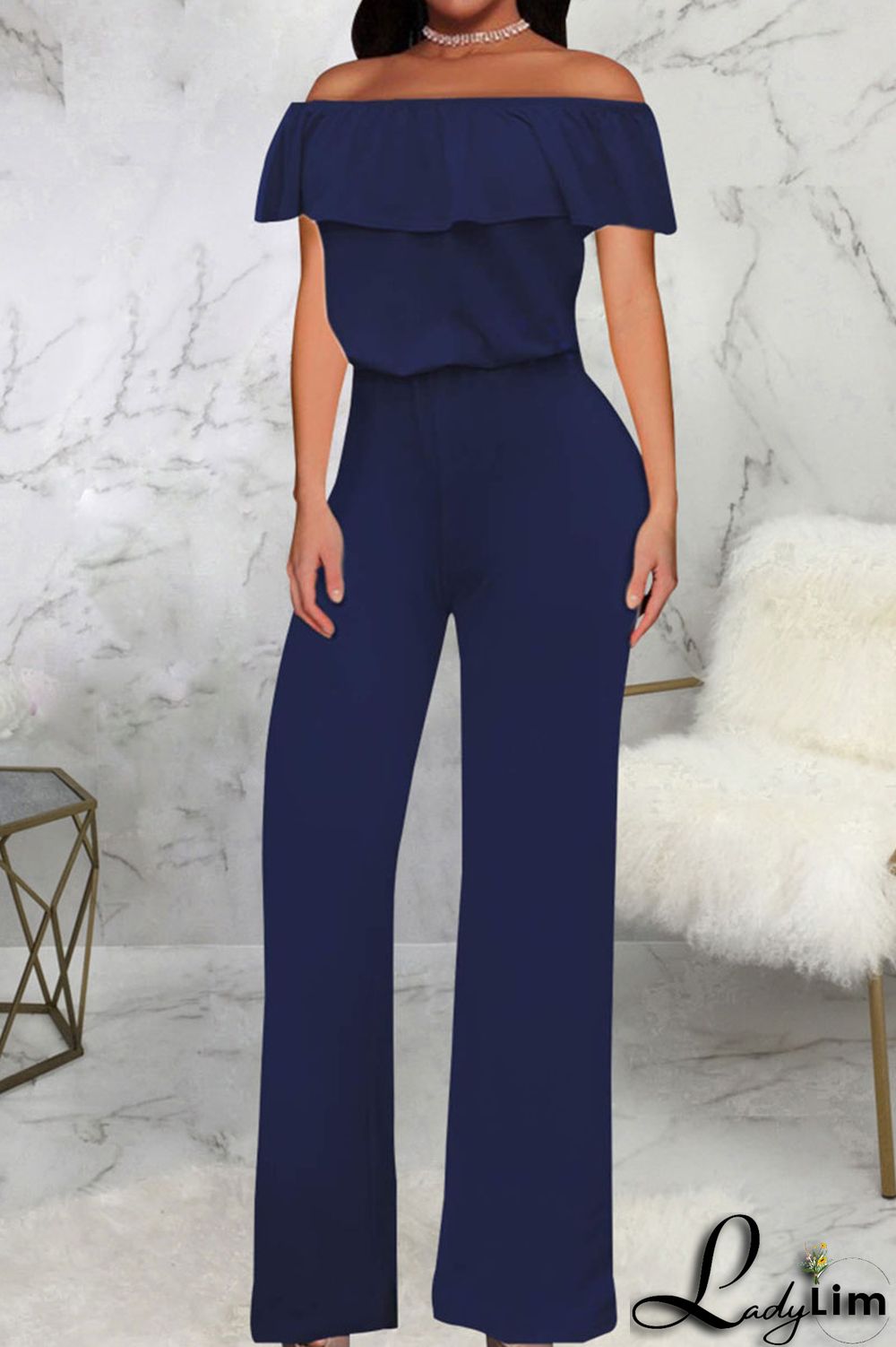 Grey Casual Solid Patchwork Flounce Off the Shoulder Straight Jumpsuits