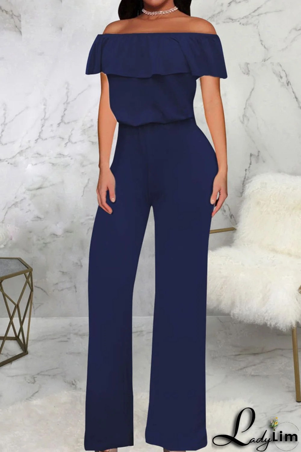 Grey Casual Solid Patchwork Flounce Off the Shoulder Straight Jumpsuits