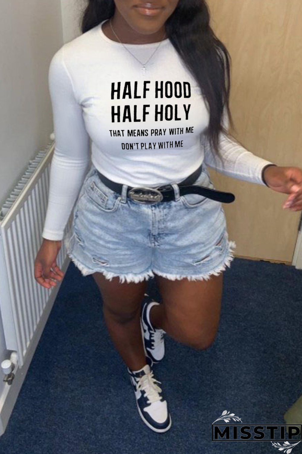 Black Fashion Street Print Letter O Neck Tops