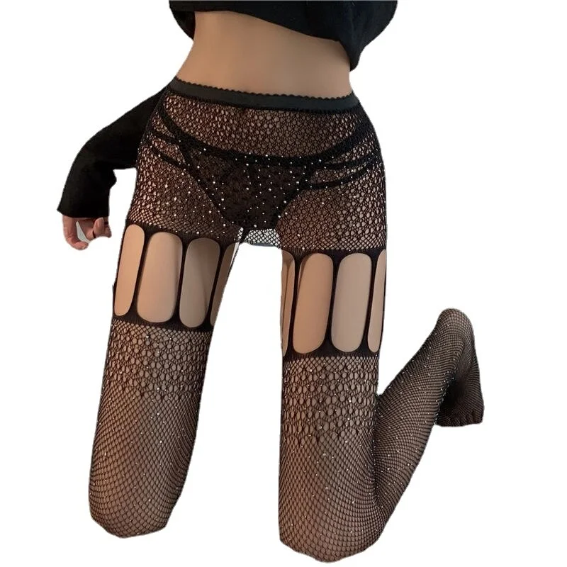 Sexy Women Black Garter Stockings Drilled Fishnet Socks JK Style Thigh High Socks