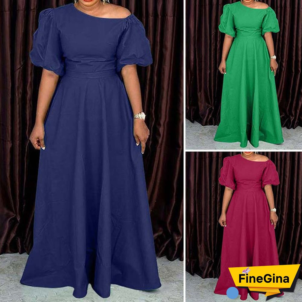 Women Puff Sleeve High Waist Diagonal Shoulder Dress Solid Baggy Swing Dress Maxi Prom Dress