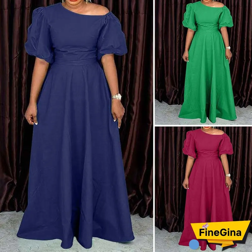 Women Puff Sleeve High Waist Diagonal Shoulder Dress Solid Baggy Swing Dress Maxi Prom Dress