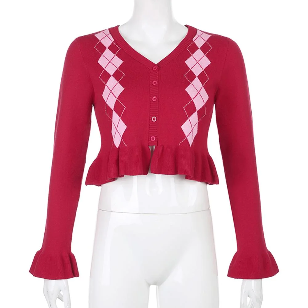 Y2K Fashion Argyle Plaid Knitted Coord Sets Adorable E-Girl Long Sleeve Ruffles Crop Tops and Mini Skirts 2 Piece Suit Red coat