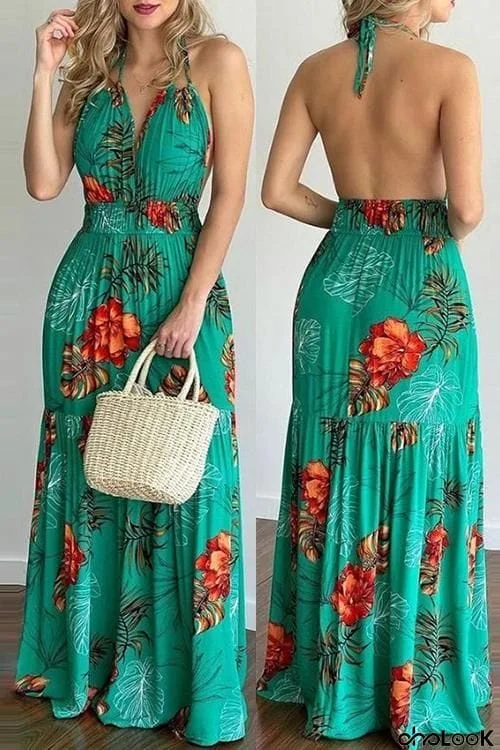 Floral Print Backless Slip Maxi Dress