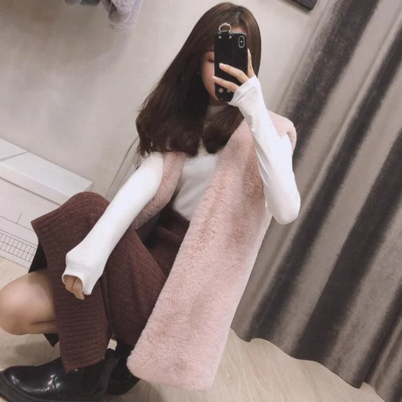 High Quality Faux Fur Vest Coat Women Autumn Winter Sleeveless V-Neck Soft Hairy Waistcoat Fur Jacket Outerwear Plus Size