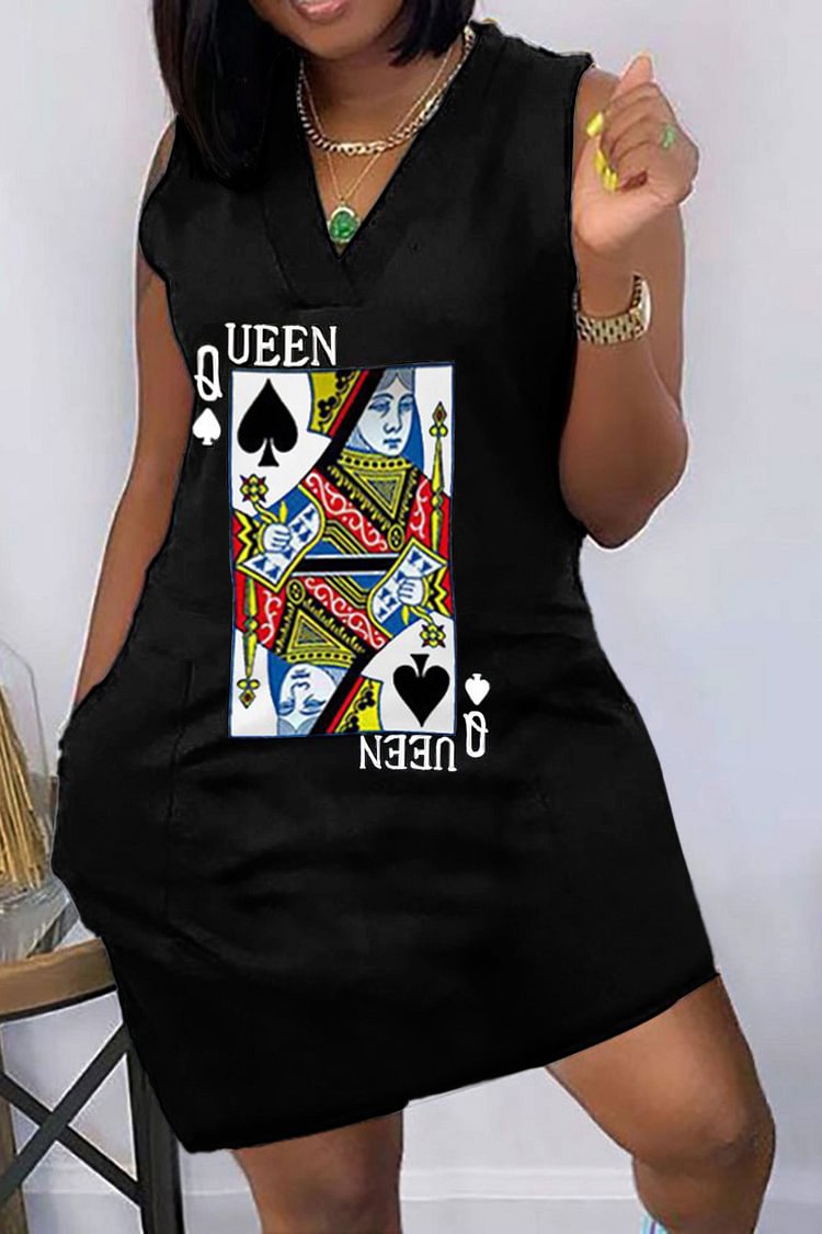 Plus Size Black Daily V-neck Poker Print Mini Dress [Pre-Order]