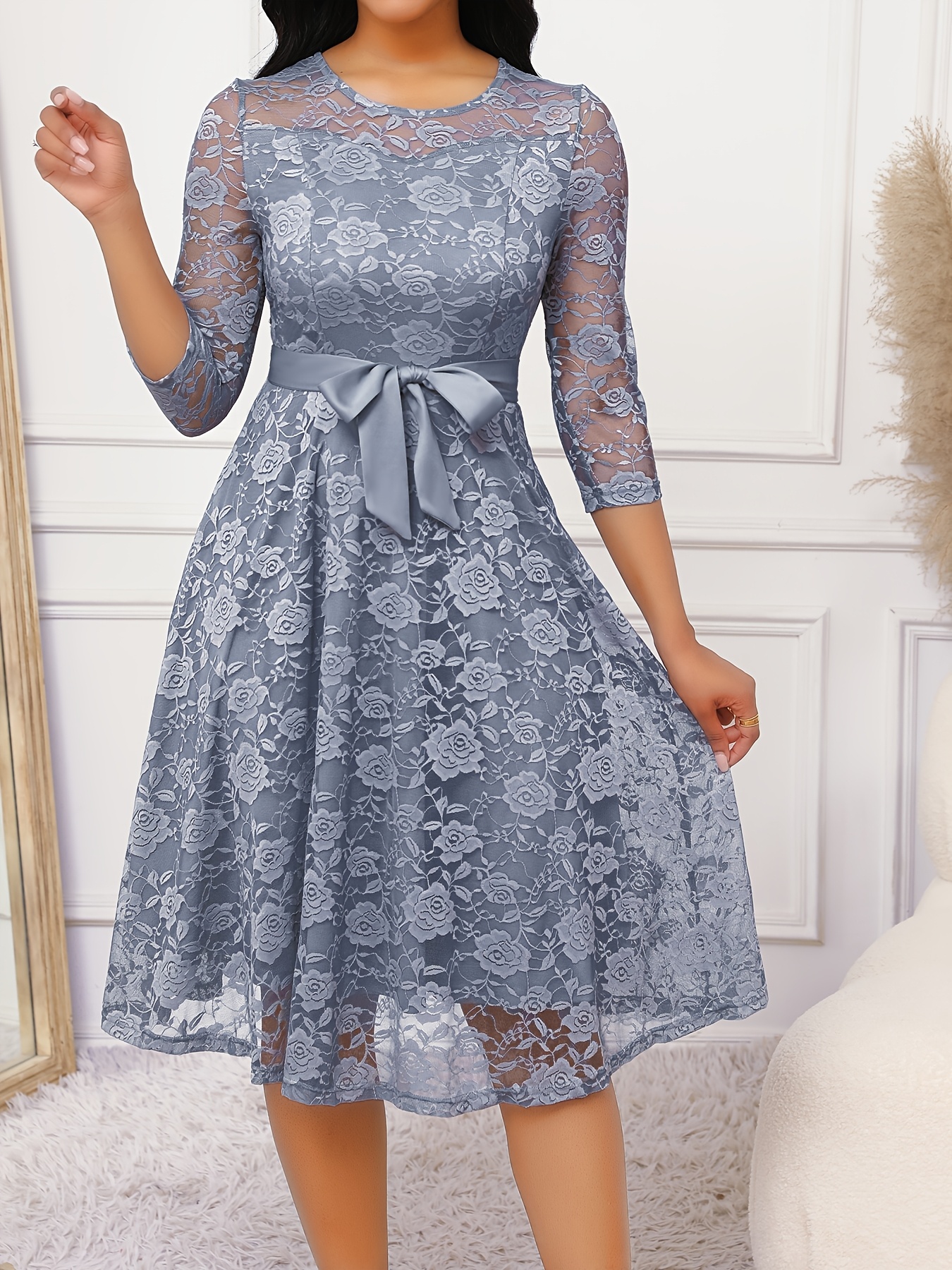 Light Gray Lace Elegant Slim Dress With Belt Btg554 | IFYHOME