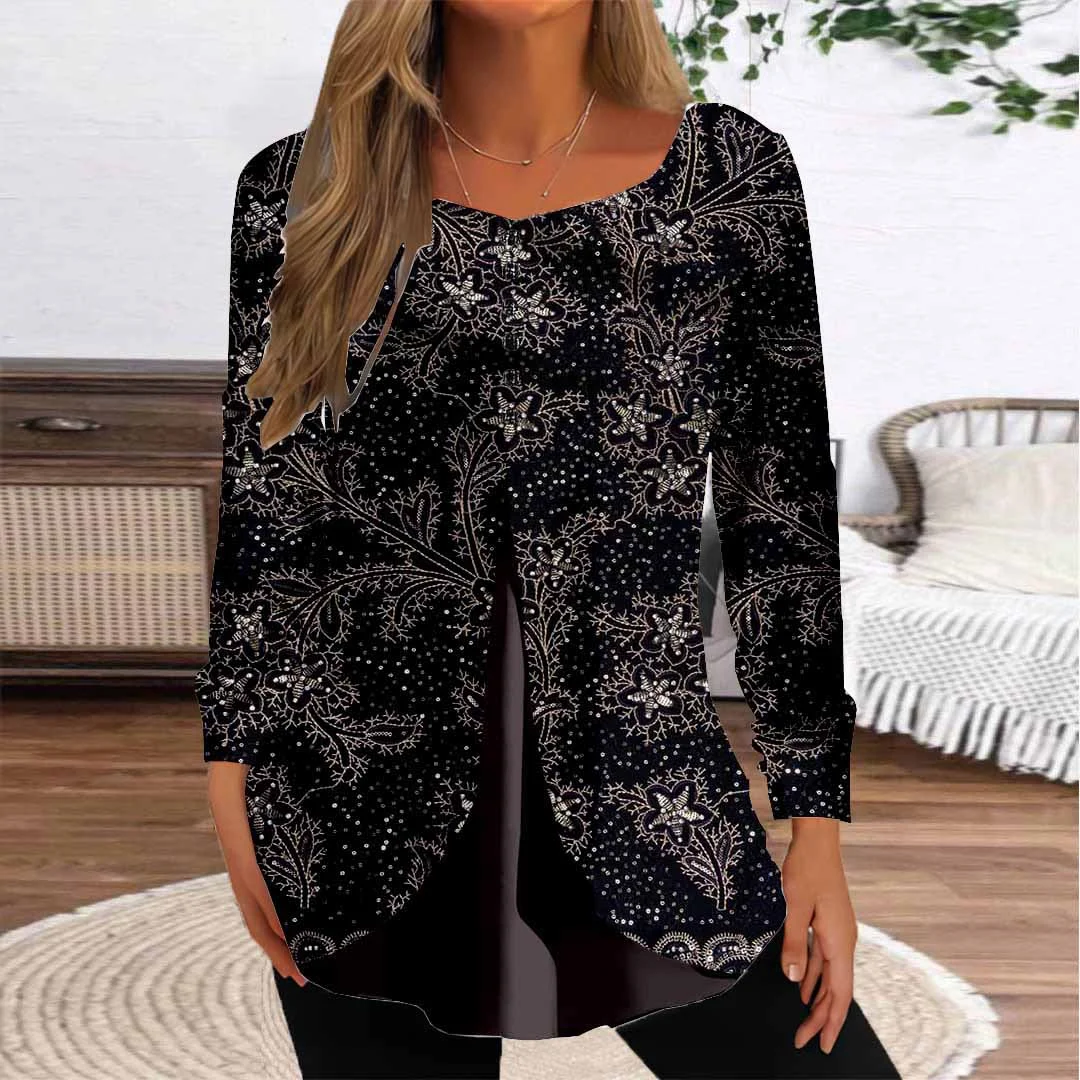 Women Graphic,Black DZGG8360 Long Sleeve Scoop Neck Printed Graphic Button Fake 2in1 Tops