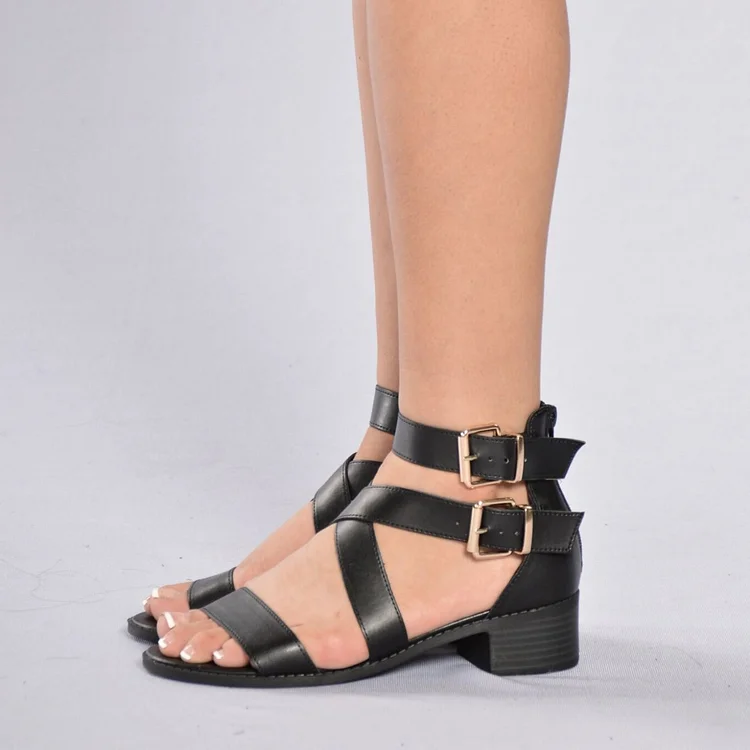 Women's Black Ankle Buckle Strappy Open Toe Chunky Heels Sandals |FSJ Shoes
