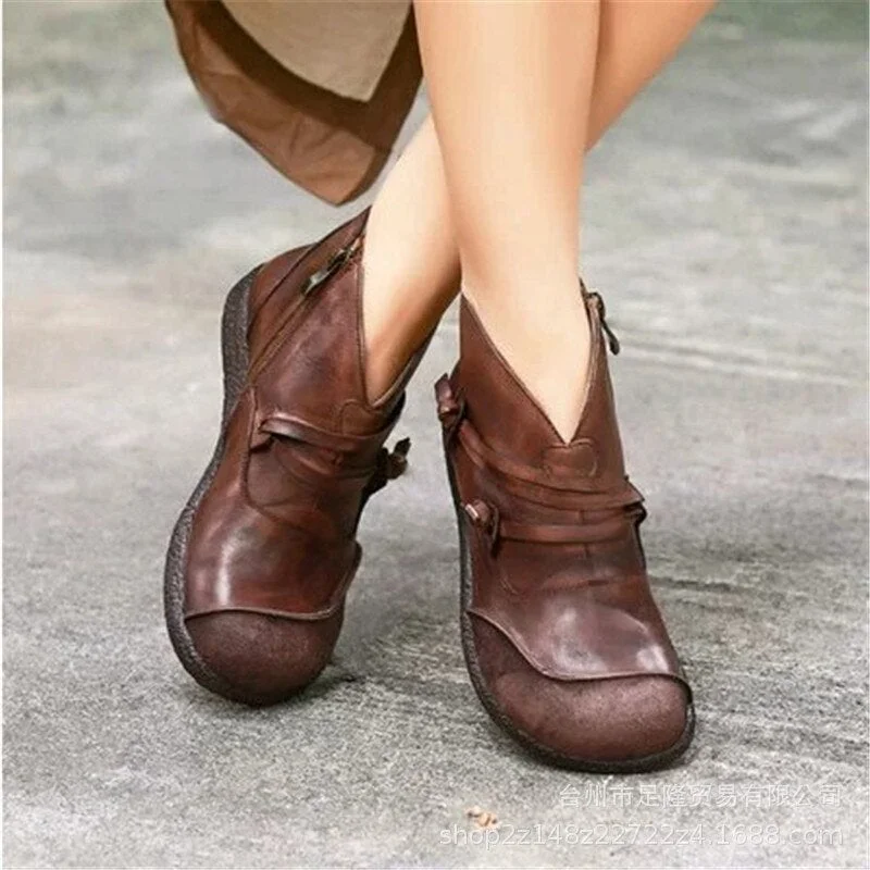 2019 Autumn New Vintage Side Zipper Women Shoes Comfortable Flat Heel Boots Female Zipper Short Boots Leather Ankle Boots