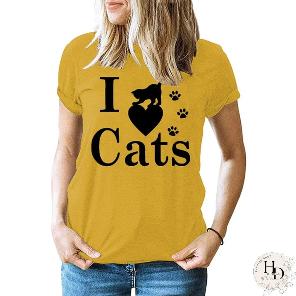 Women Summer Casual Short Sleeve Round Neck T-Shirt Female Cat Graphic Print T Shirts