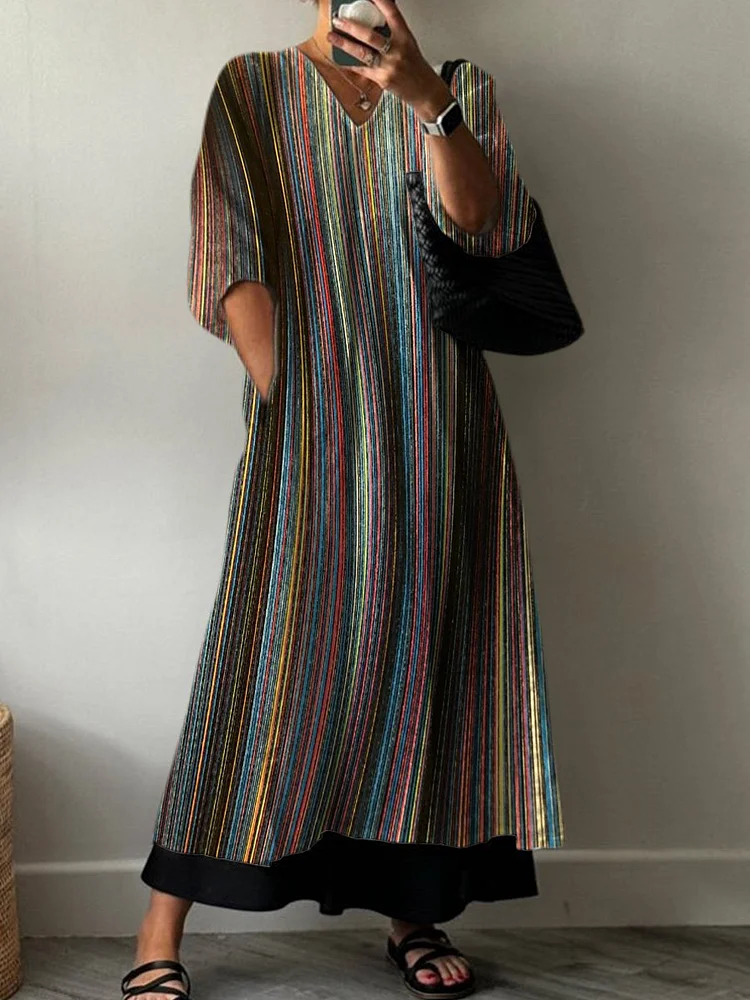 Irregular Strip Pattern Printed Women's Pocket V-Neck Cotton Dress