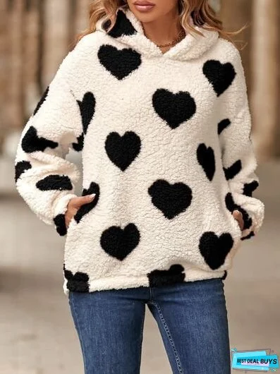 Fuzzy Heart Pocketed Dropped Shoulder Hoodie