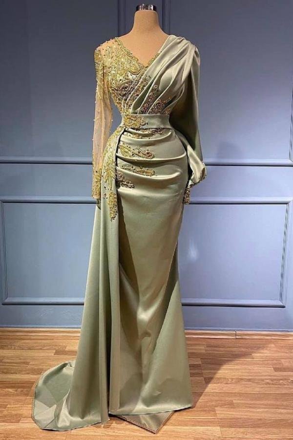 Long Sleevess V-Neck Mermaid Evening Dress With Lace Appliques - lulusllly