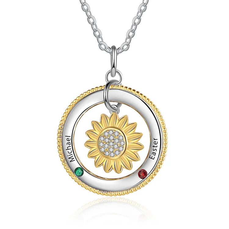 Personalized Sunflower Charm Necklace with 2 Birthstones for Her