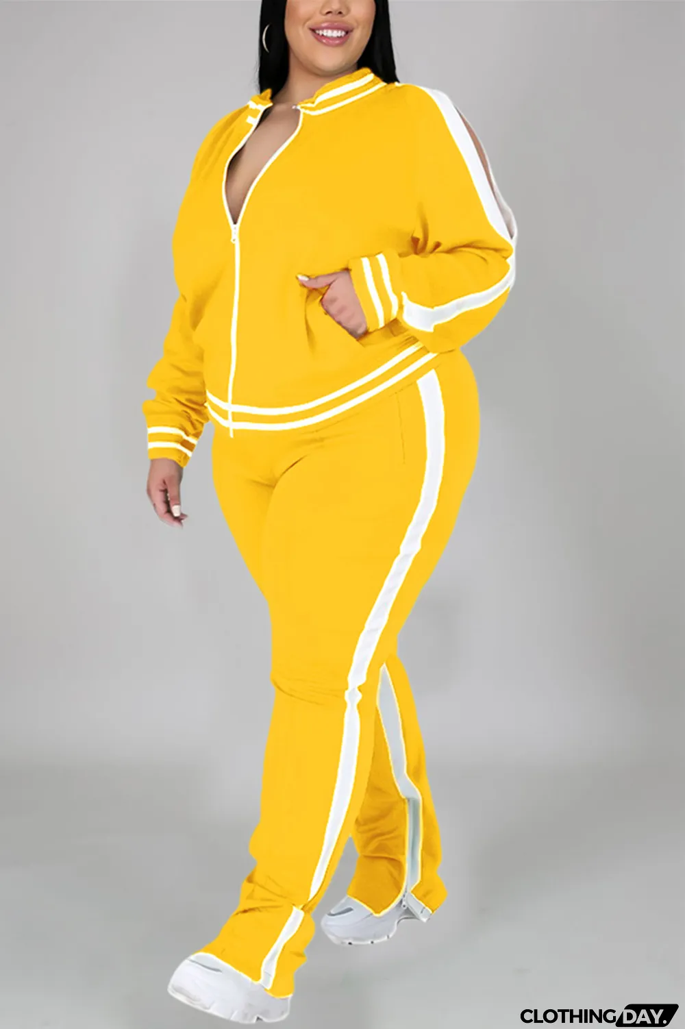 Black Fashion Casual Sportswear Zipper Collar Long Sleeve Regular Sleeve Patchwork Plus Size Set